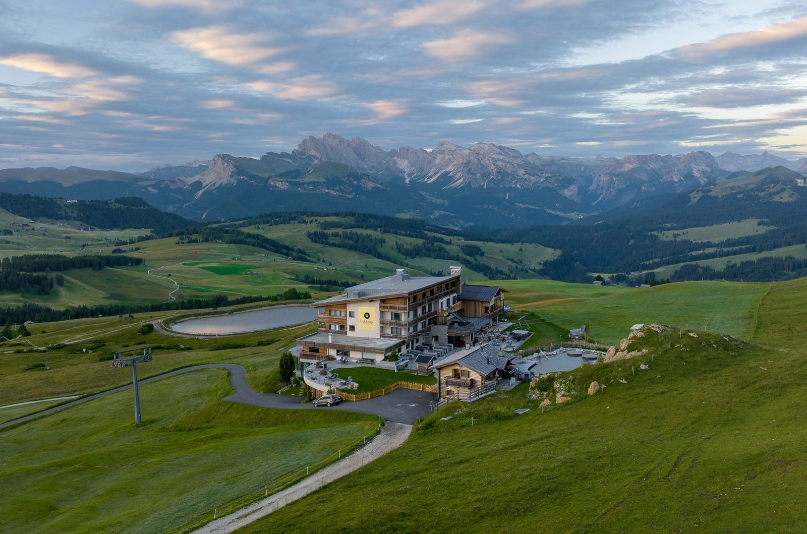 Alpine resort above green meadows